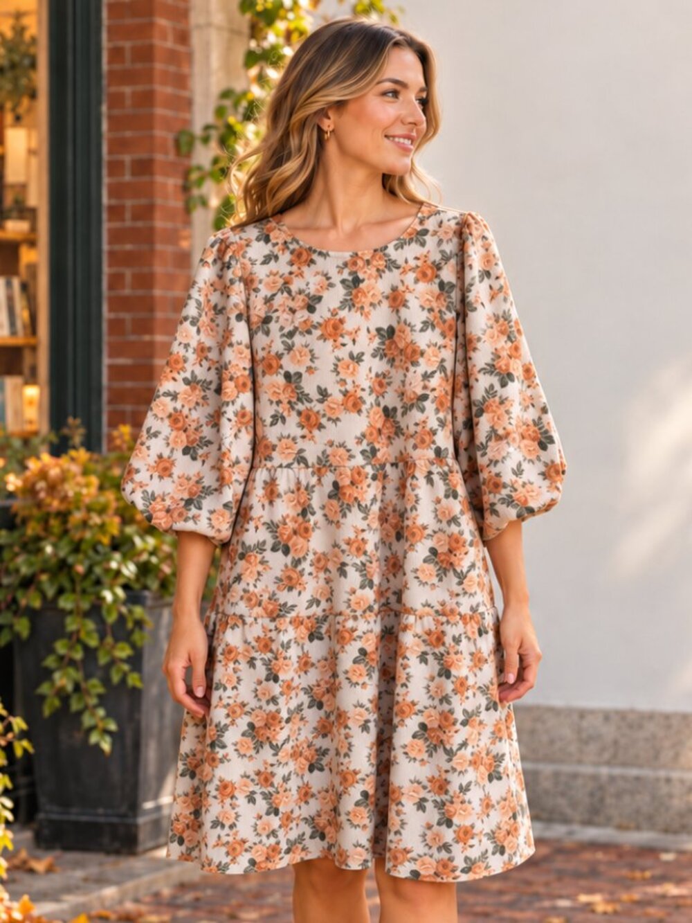 One Loved Babe M Orange Floral Tiered Dress Puff Sleeve Cream Romantic Fall Boho